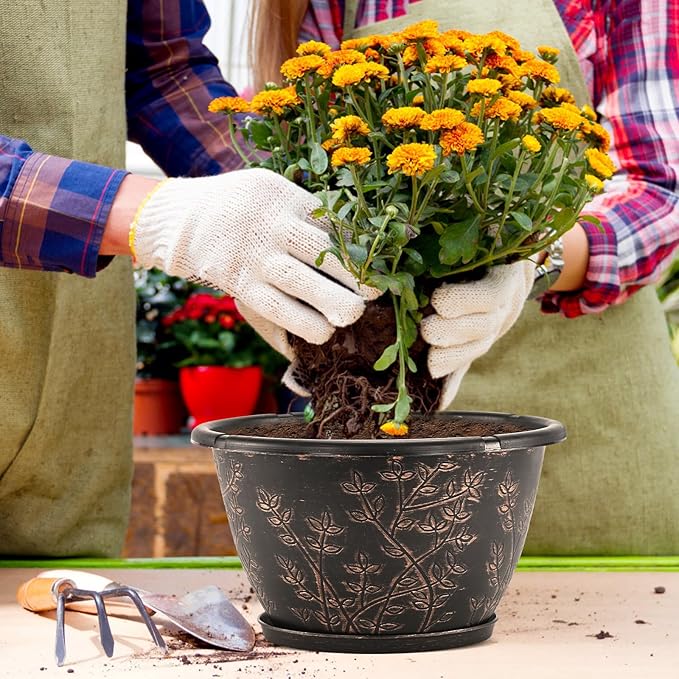 12-inch-Flower-Pots-Outdoor-Indoor, 4 Pack Plastic Planter Pots for Plant with Drainage Hole Saucer, Decorative Resin Garden Container with Tray