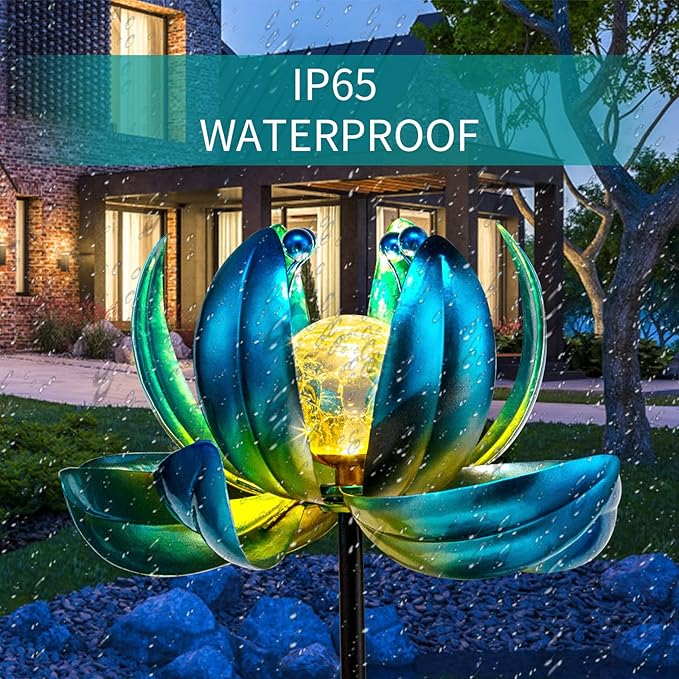 Huaxu Solar Outdoor Lights 35.4In Garden Decor Flower Wind Spinners,Waterproof LED Crackle Glass Globe Blue Lotus Art Metal Stake for Lawn Patio Pathway Yard Porch Driveway Decorations Gift