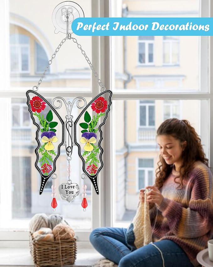KY&BOSAM Butterfly Suncatcher I Love You Gifts for Mom for Windows Hangings Wind Chimes Pressed Flower Between Wings with Metal Heart Charm Birthday Gifts for Women Mother's Day Valentine's Christmas