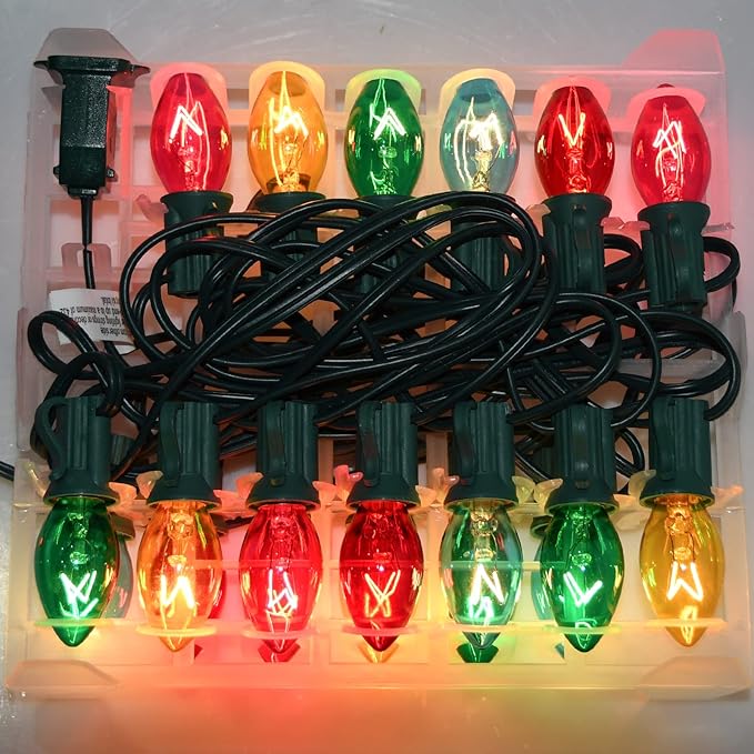 Abeja 25Ft Multicolor Christmas Lights, C7 Outdoor Christmas Light with 27 Clear Colorful Bulbs (2 Spare), Vintage Outdoor String Lights for Christmas Holiday Prom Roofline Party Wedding Decor, Green