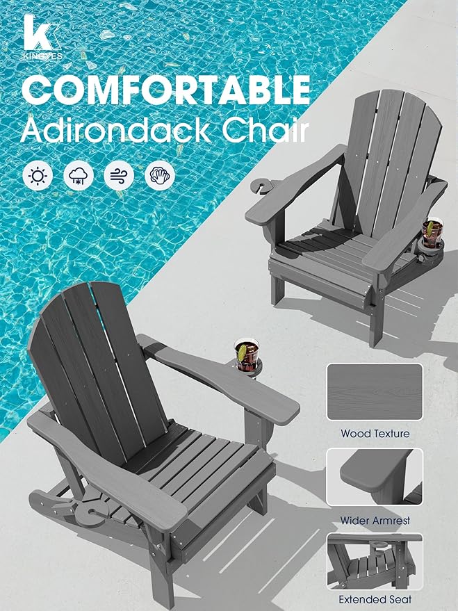 KINGYES Folding Adirondack Chair Set of 6, Dual Cup Holders & All-Weather HDPE, Wood-Like Patio Chair for Backyard, Camping, Pool & Fire Pit, Grey