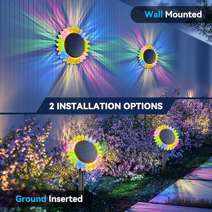 Solar Garden Lights - Upgraded Solar Sunflower Light, Ground/Wall 2 In 1, Outdoor Lights Waterproof IP67,Garden Yard Patio Backyard Pathway Landscape Fence Wall Decoration, Multicolor(2 Pack)