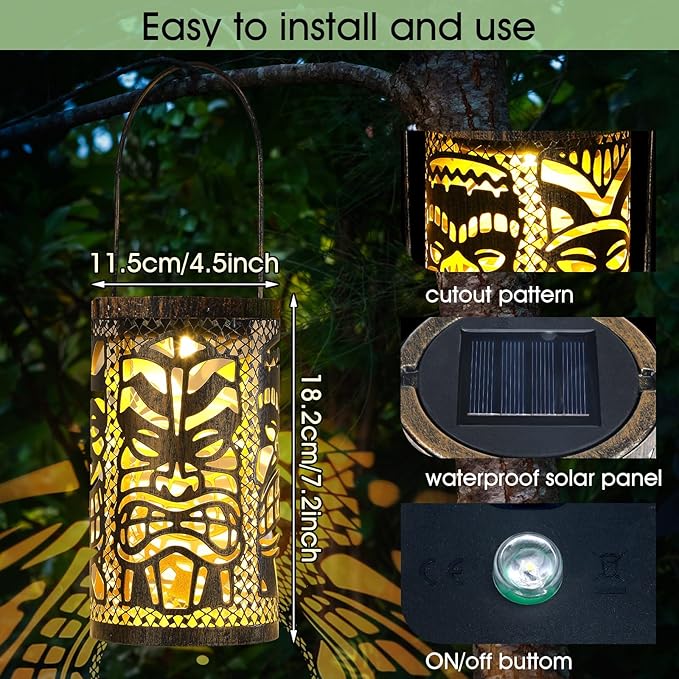 2 Pack Tiki Solar Lanterns Tiki Bar Light Decor Outdoor Waterproof Gifts for Women Men Hanging Lantern Metal Hollowed Out Decor for Summer Garden Patio Lawn Porch Festival Party