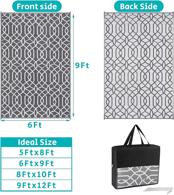 HEBE Outdoor Rug Waterproof 6x9, Reversible Plastic Straw Rug RV Camping Rug, Indoor Outdoor Patio Mat Clearance, Outside Carpet for Porch,Deck,Camper,Balcony,Backyard,Picnic