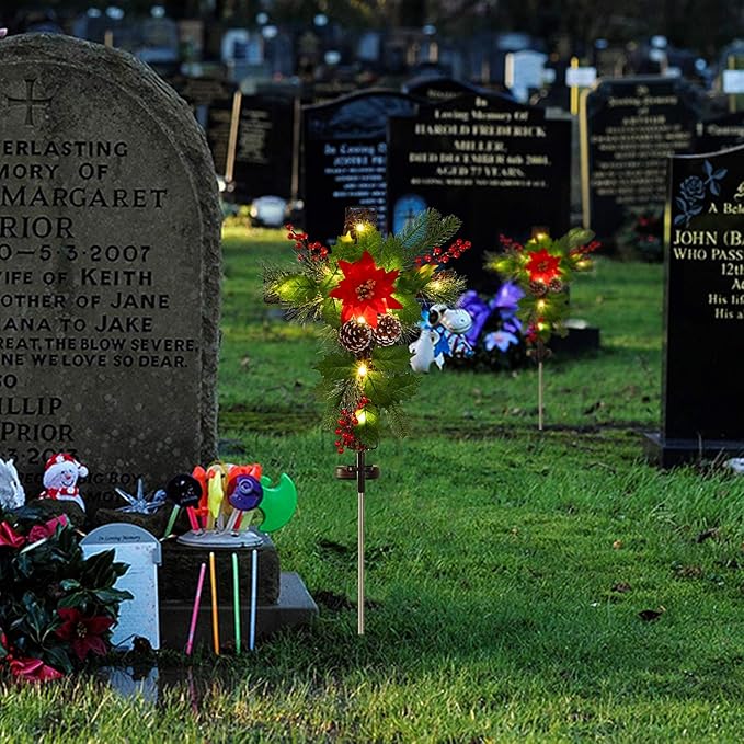 2 Pack Outdoor Solar Lights Christmas Decorations, Cross Stake Lights with Faux Poinsettia Pine Cones Red Berries and Foliage for Garden Patio Grave