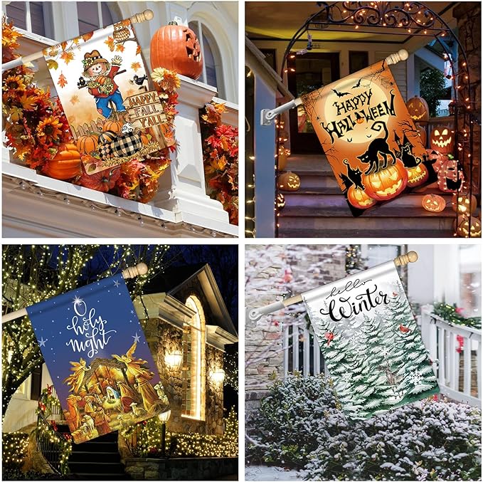 12 Pcs Seasonal House Flags 28x40 Double Sided Seasonal Large Garden Flags for All Seasons Set of 12 Spring Easter Valentine Halloween Christmas Holiday Yard Decoration, Welcome Outdoor Decor 28x40 In