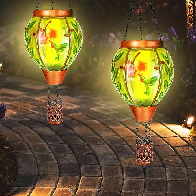 2 Pack Solar Hot Air Balloon Lantern with Flame，Hummingbird Outdoor Solar Lanterns for Outside Garden Yard Farmhouse Patio Pathway Decoration, Hummingbird Gifts for Women Grandma Mom - Hummingbird