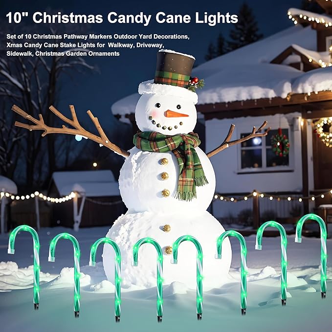 10" Christmas Candy Cane Lights - Set of 10 Pathway Markers Christmas Outdoor Yard Decorations, Green Xmas Candy Cane Stake Lights for Lawn, Walkway, Garden, Xmas Party Indoor Ornaments
