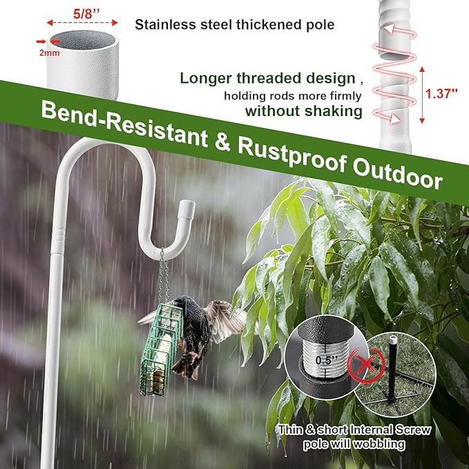 Hummingbird Feeder Pole for Outdoors - Heavy Duty Bird Feeder Stand with Adjustable Stake,62" Rustproof Shepards Poles with Hangers Holder for Birdfeeder,Wind Chimes,Lanterns,Wreaths,White