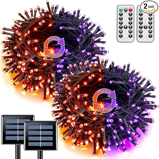JMEXSUSS Orange and Purple Solar Halloween Lights, 2 Pack 100 Led Color Changing Christmas Lights Outdoor, 33ft 8 Modes Solar String Lights Waterproof for Halloween, Christmas, Tree Decor