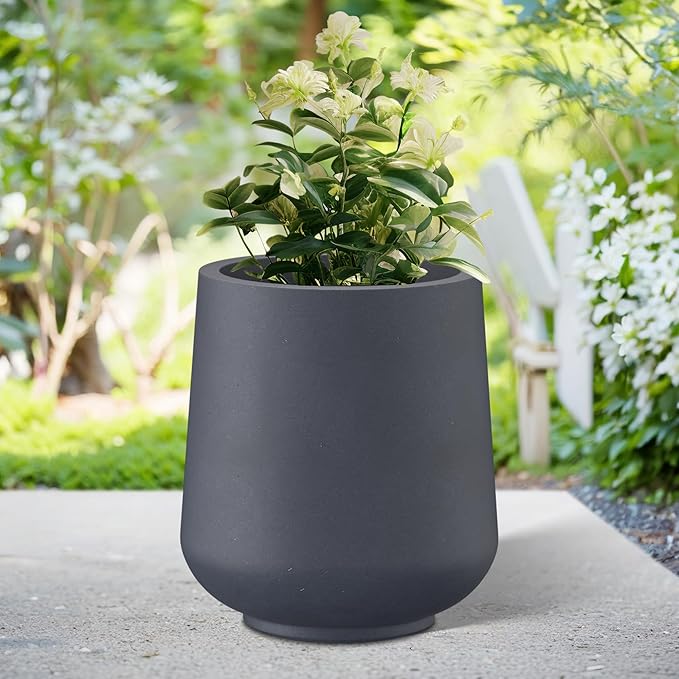 Kante 15.3" Dia Round Concrete Planter, Outdoor Indoor Large Plant Pots Containers with Drainage Hole and Rubber Plug for Home Garden Patio, Dark Gray