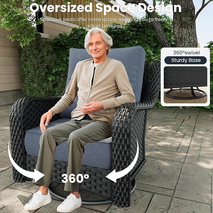 8 Pieces Outdoor Patio Furniture Sets with Rocking Swivel Chairs with 6-inch Thick Cushion and Fire Pit Table for Deck Lawn