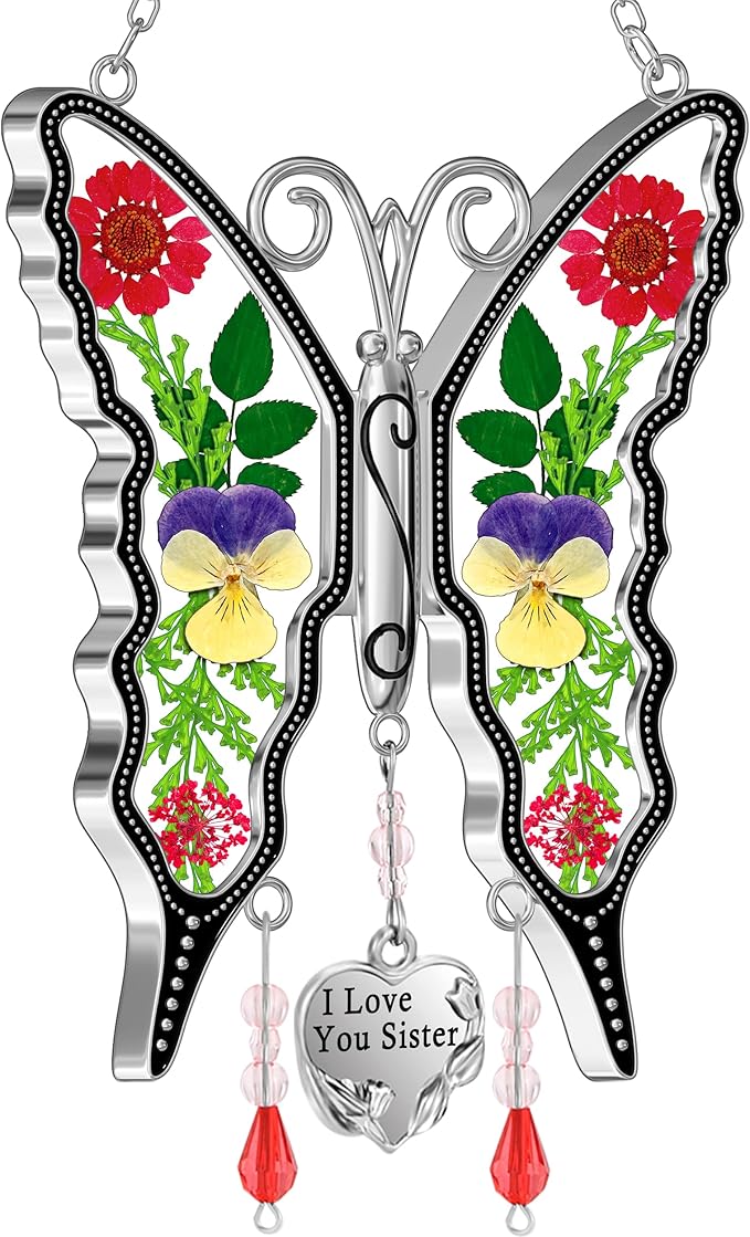 KY&BOSAM Butterfly Suncatcher I Love You Sister Stain Glass Suncatchers for Window Hanging Wind Chime Pressed Flower Between Wings and Charm Birthday Gifts for Women Mother's Day Valentine's Christmas