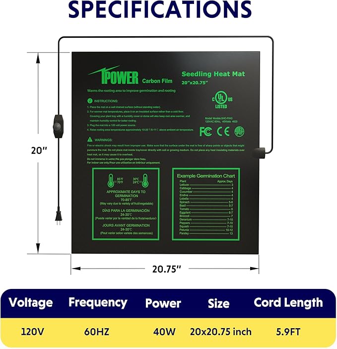 iPower 20"x20.75" Seeding Heat Mat, Adjustable Temperature Waterproof Durable Germination Station, Hydroponic Heating Pad for Indoor Gardening
