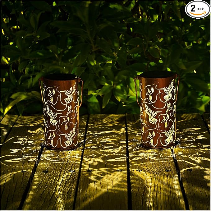2 Pack Solar Lanterns Outdoor Hanging Hummingbird Decor Lantern,Waterproof Hollow Out Metal Decorative Garden Light,Graceful Decoration for Patio,Yard,Landscape,Festival