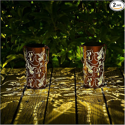 2 Pack Solar Lanterns Outdoor Hanging Hummingbird Decor Lantern,Waterproof Hollow Out Metal Decorative Garden Light,Graceful Decoration for Patio,Yard,Landscape,Festival