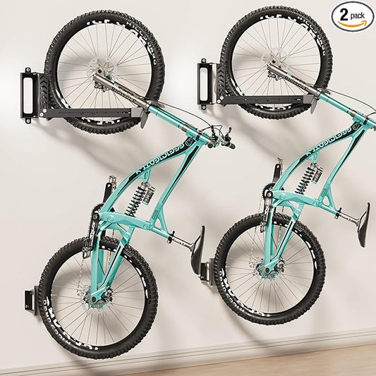 2-Pack Swivel Bike Rack Wall Mount, Bike Hangers for Garage, Space-Saving Vertical Bike Holder, Holds up to 77 lbs, Bicycle Wall Hanger Storage, No Heavy Lifting Required Indoor Hanging Bike Rack