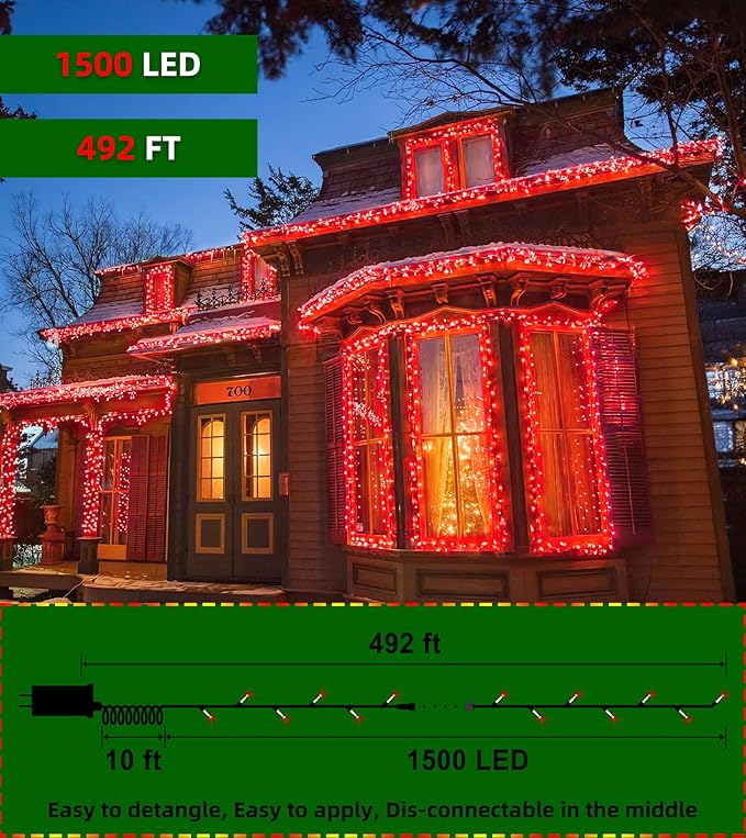 1500 LED Chrstmas String Lights, 492FT Super Long Christmas Lights with 8 Modes, Christmas Tree Lights with Timer Memory for Indoor Outdoor Tree Fence Garden Xmas Wedding Party Decor Red