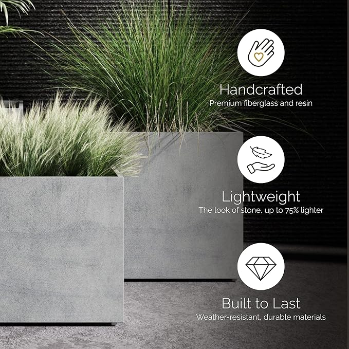 Reglito Cube Planter – Fiberglass Indoor/Outdoor and Weather-Resistant Large Planter (Sand Stone, 31.5" L x 31.5" W x 32.1" H)