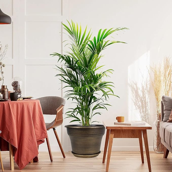 16 inch Plant Pots Outdoor Planters，4 Pack Large Plastic Flower Pot for Indoor Plants with Drainage Holes & Saucer, Resin Decorative Container Sets with Trays for House Outdoor Garden Plant Dark Gold