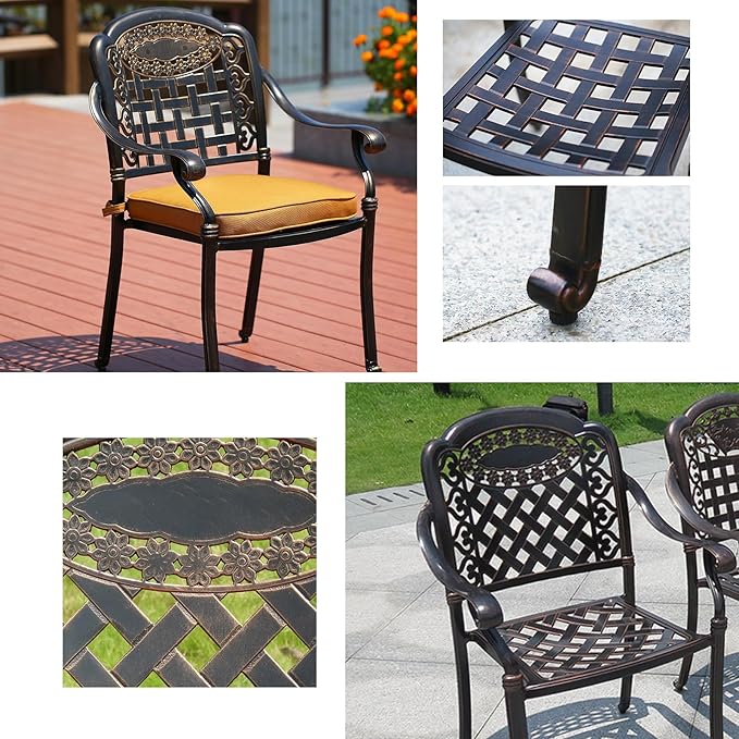 Outdoor Dining Chair Cast Aluminum Patio Chairs Set of 2 All-Weather Patio Dining Chair with Adjustable Feet for Backyard Garden (Square Lattice Chair)