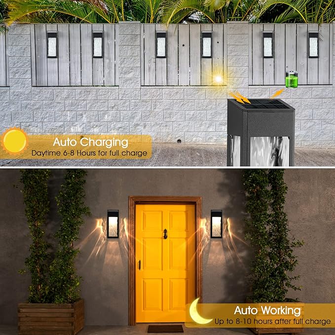 Metal Solar Lights Outdoor, 4 Pack Textured Glass Solar Fence Lights, Solar Wall Lights Outdoor Waterproof, Fence Lights Solar Powered for Yard Porch Patio Garden Decor (Warm/Color Changing)