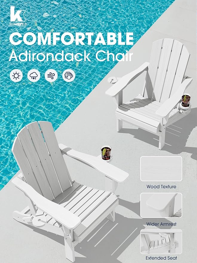 KINGYES Folding Adirondack Chair Set of 8, Dual Cup Holders & All-Weather HDPE, Wood-Like Patio Chair for Backyard, Camping, Pool & Fire Pit, White