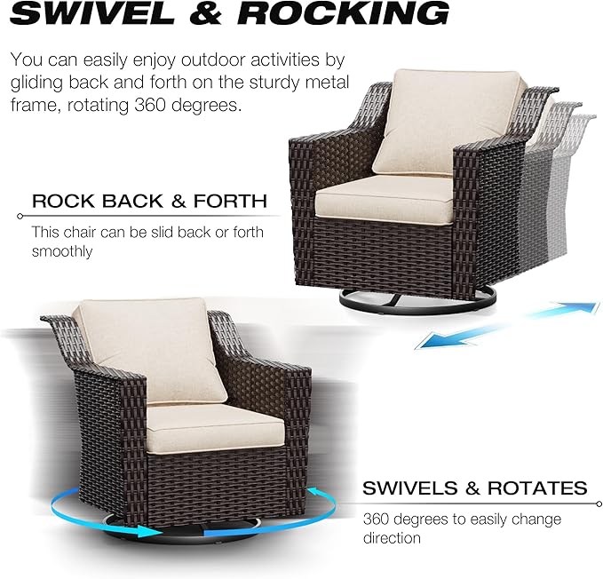 Joyside Wicker Patio Furniture Sets, 5 Pieces Upgraded Large Size Outdoor Furniture with Swivel Rocking Patio Chairs, Outdoor Ottoman and Side Table, Thick Cushions, Wide Armrest