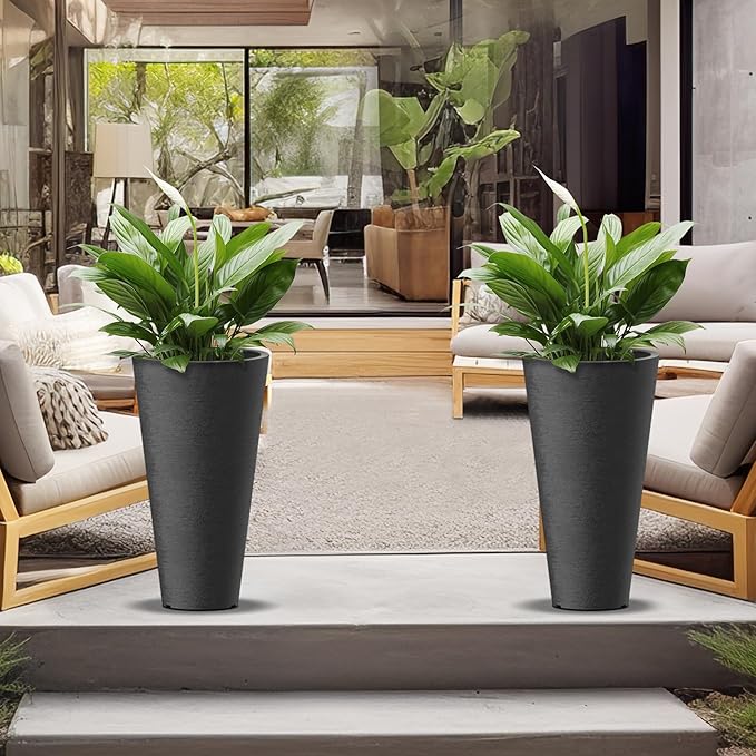 Kante Tall Round Planter Set of 2, 23" H Large Decorative Planter Pots for Outdoor Indoor Garden Patio Front Porch (Black)