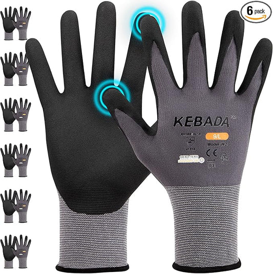 Kebada W2 Work Gloves for Men and Women, Nitrile Coated Working Gloves for Gardening, Construction, Warehouse, Safety Gloves for Work in Yard and Outdoors, 6 Pairs, Small