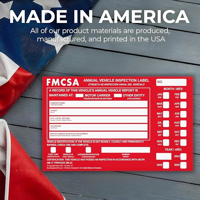 25 Pack Buck Aluminum Annual Vehicle Inspection Label with Punch Boxes, 2 Mil Red FMCSA Self Adhesive Sticker, DOT Compliant, Weatherproof, Tear Resistant, Easy to Write On, 6" x 3.5" - Made in USA