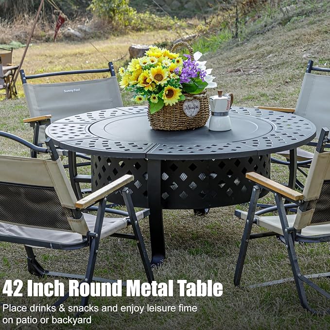 42 Inch Fire Pit with 2 BBQ Grills, Wood Burning Fire Pits for Outside with Lid & Fire Poker, BBQ& Outdoor Firepit & Round Metal Table 3 in 1 for Patio, Picnic, Party
