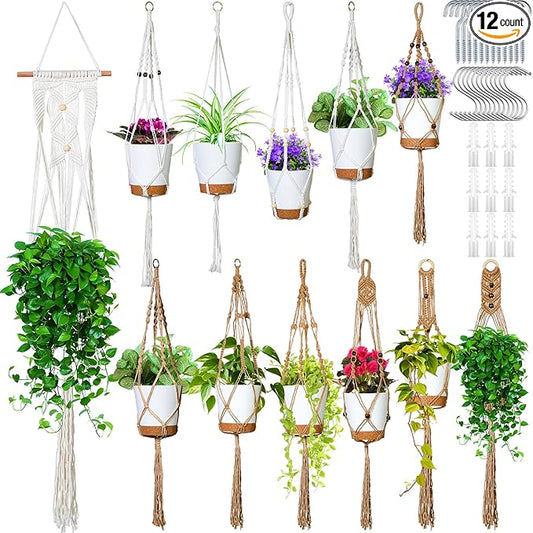Hoteam 12 Pcs Macrame Plant Hangers Macrame Hanging Planters for Indoor Plants Handmade Boho Hanging Baskets Flower Pots Holder for Outdoor Home Wall Decor