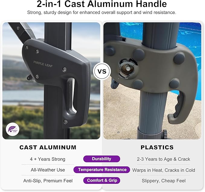 PURPLE LEAF 10' X 13' Rectangle Patio Umbrella Outdoor Large Aluminum Cantilever Umbrella with 3-Year Fade Resistance Recycled Fabric and 360-degree Rotation for Deck Pool Garden, Mist Grey