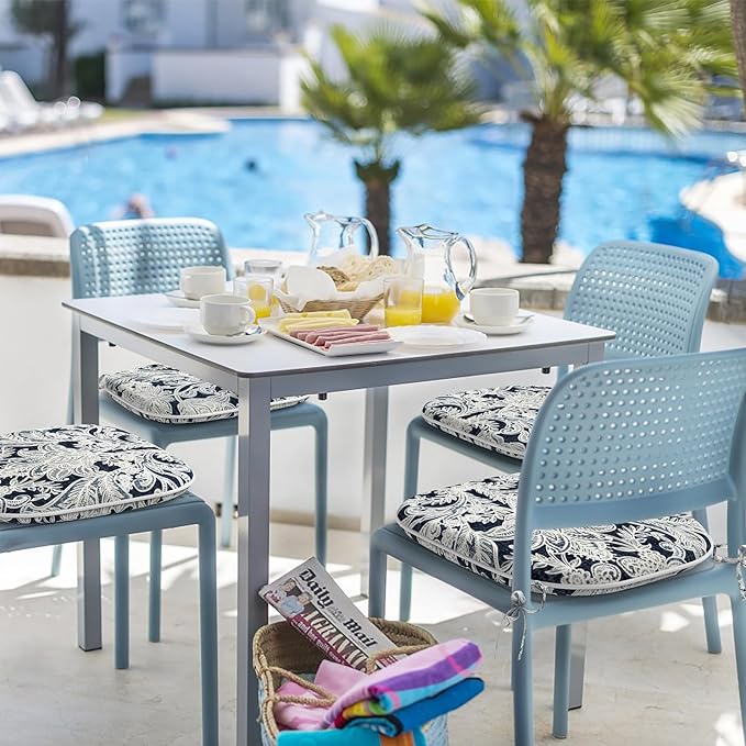 Indoor/Outdoor Chair Cushions 16x17 Inch, Patio Chair Cushions with Ties, All Weather Seat Cushions for Patio Furniture Home Garden Chair Use, Set of 4,Damask Lapis