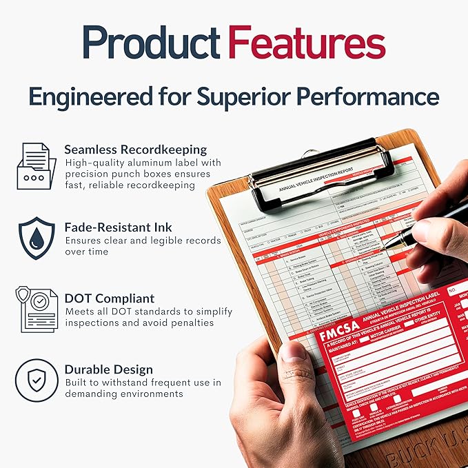 10 Pack Buck Aluminum Annual Vehicle Inspection Label with Punch Boxes, 2 Mil Red FMCSA Self Adhesive Sticker, DOT Compliant, Weatherproof, Tear Resistant, Easy to Write On, 6" x 3.5" - Made in USA