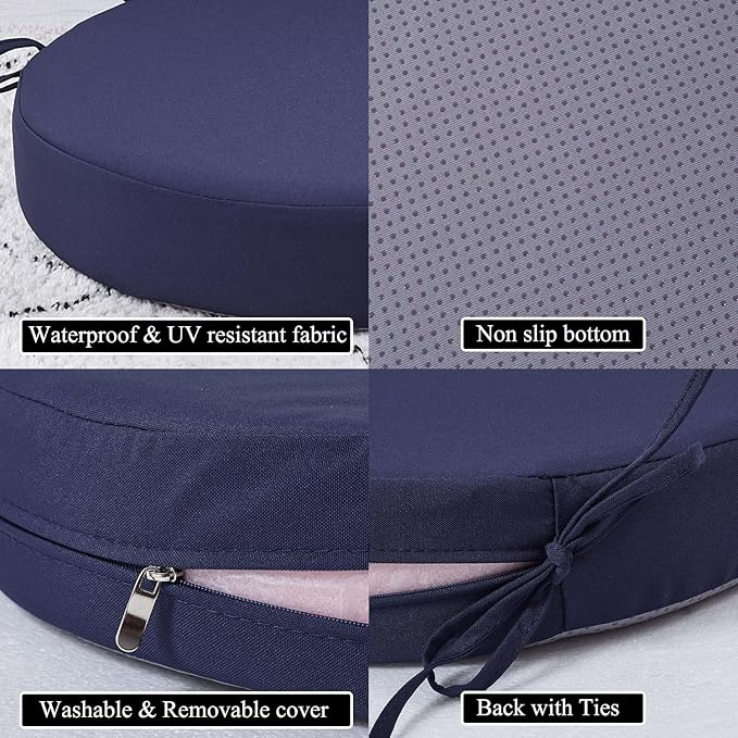 15 x 15 Inch Round Cushions for Outdoor Furniture Non-Slip Waterproof Patio Bistro Chair Cushion with Ties Bar Stool Seat Cushion for Kitchen Chairs Set of 4, Navy Blue
