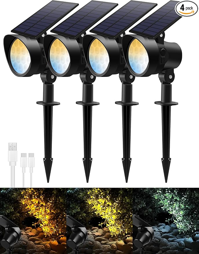 3CCT Solar Spot Lights Outdoor Dimmable, Solar Landscape Spotlights IP65 Waterproof, Dusk-to-Dawn Flag Pole Lights for Garden Yard Landscape Decorations, 4 Pack