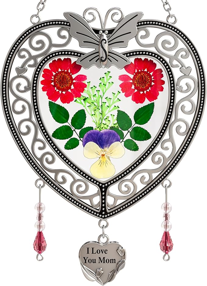 KY&BOSAM Heart Suncatcher-Stained Glass Panles I Love You Mom Sun catchers Hangings for Windows Wind Chime Ornament Mom Gifts - Gifts for Mother`s Day Valentine`s Day Birthday Christmas