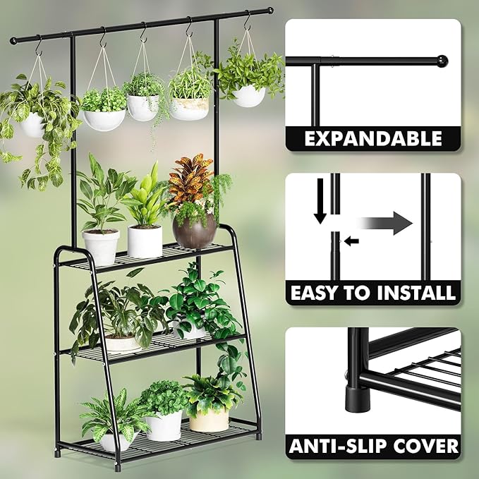 3-Tier Heavy-Duty Metal Plant Stand for Indoor and Outdoor Use, Hanging Plant Shelf for Multiple Flower Planter Holder, Tall Large Rack Ideal for Living Room, Garden, Balcony, Black