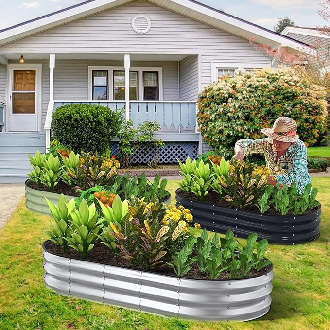 Kesfitt Raised Garden Bed Kit,Outdoor Galvanized Planter Raised Boxes with Safety Edging and Gloves,Large Metal Raised Garden Beds for Gardening Vegetables,Fruits,Flower(6x3x1FT)