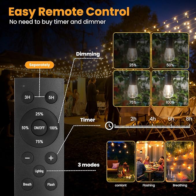 208FT(196+12) Solar String Lights Outdoor Waterproof, Solar Powered Patio Light with 60+3 Dimmable S14 Edison Bulbs Shatterproof & Remote Control, Solar String Lights for Outside Garden Backyard