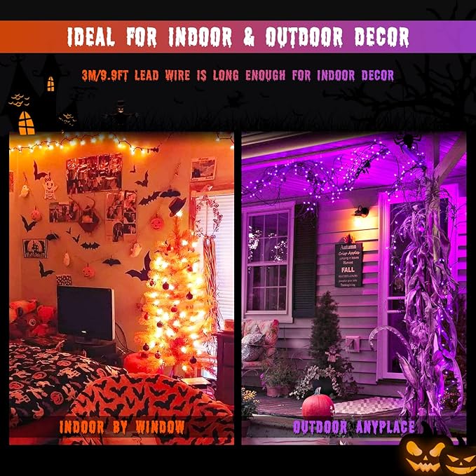 JMEXSUSS Orange and Purple Solar Halloween Lights, 2 Pack 100 Led Color Changing Christmas Lights Outdoor, 33ft 8 Modes Solar String Lights Waterproof for Halloween, Christmas, Tree Decor
