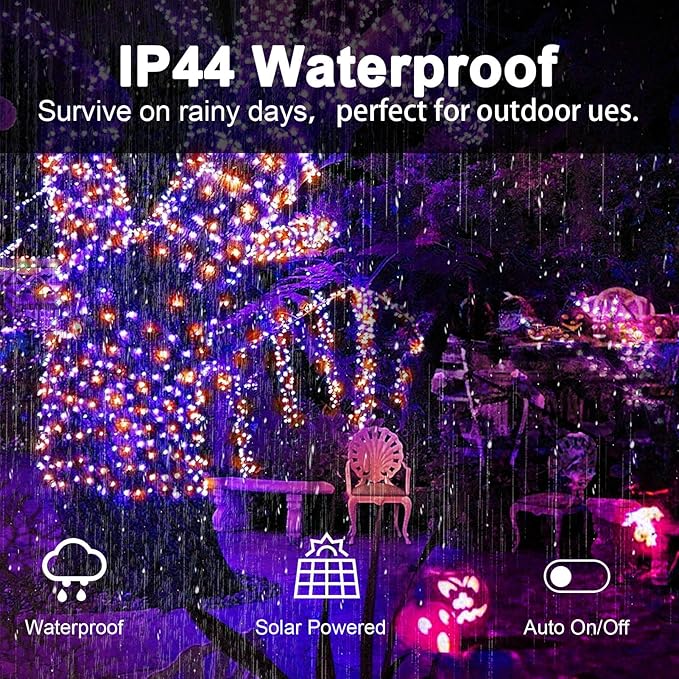 2 Pack 400 LED Solar String Lights, 8 Modes Solar String Lights for Outside, Waterproof and Solar Powered Outdoor String Lights for Holiday Christmas Yard Garden Tree Wedding Party (Orange Purple)