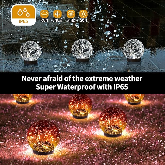 Solar Globe Lights Outdoor Waterproof-Solar Balls Garden-Cracked Glass Ball Solar Lights Outdoor-Solar Orbs Outside-Outdoor Decorations Patio & Yard Lawn Backyard Decor (GUO-XBQ-6-6-6)