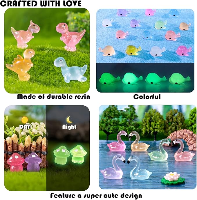 150pcs Mini Resin Animals Figures to Hide Luminous Tiny Animals Ducks Dinosaurs Flamingos Miniature Figurines Glow in the Dark for Fairy Garden Dollhouse Landscape Aquarium Potted Party Favor Decor
