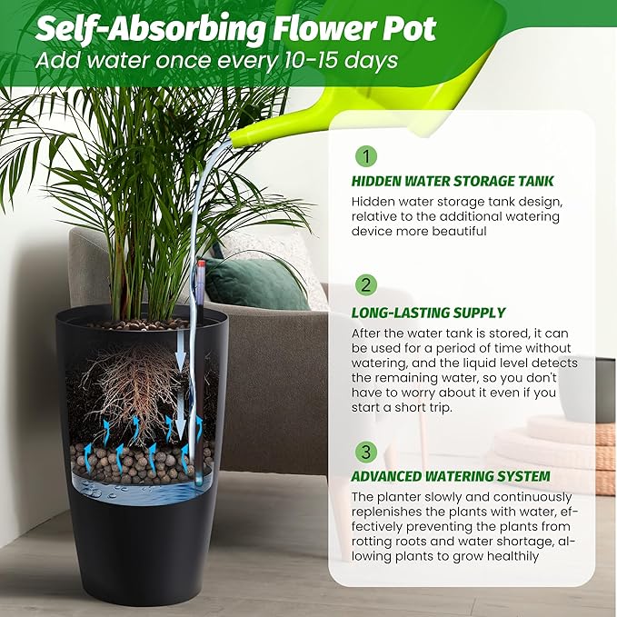 22" Tall Round Planter Set of 2, Self Watering Pots for Indoor Plants, Large Flower Pot Outdoor with Built-in Drainage and a Water Level Monitor, for Patio, Porch, Living Room, or Home Office, Black
