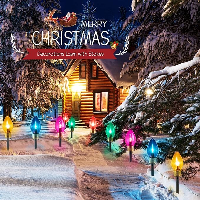 Minetom Jumbo Christmas Pathway Lights Outdoor with Marker Stakes, 10.5 Ft 5 LED C9 Shaped Christmas Lights Multicolored Giant Bulb String Lights, for Holiday Walkway Driveway Garden Yard Decoration