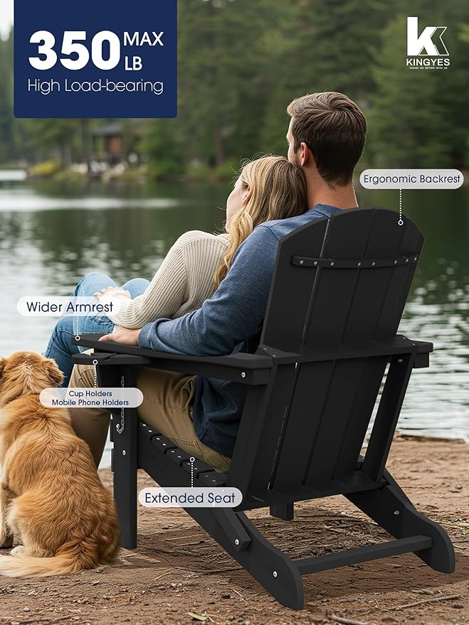 KINGYES Folding Adirondack Chair Set of 8, Dual Cup Holders & All-Weather HDPE, Wood-Like Patio Chair for Backyard, Camping, Pool & Fire Pit, Black