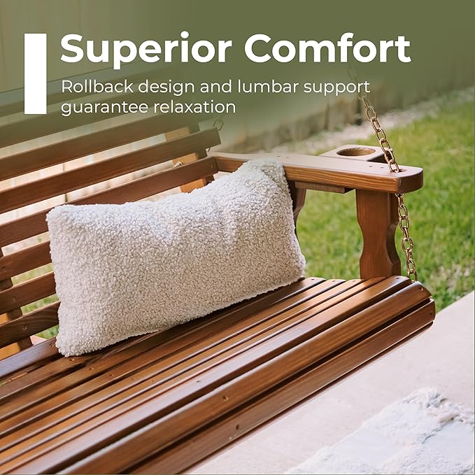 Amish Casual 5 Foot Roll Back Porch Swing with Cup Holders in Semi-Solid White Stain - Amish Made in The USA from Treated Pine Heavy Duty 700 Lb. Weight Capacity